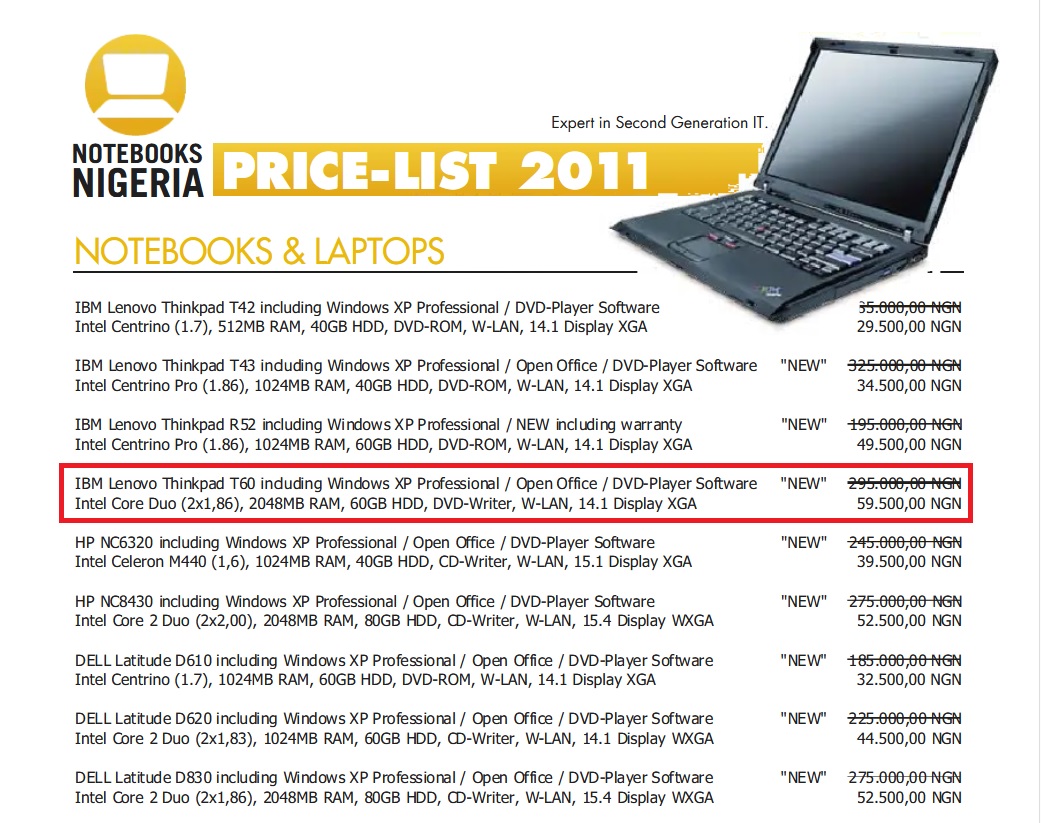 Preisliste 2011 T60 Niegeria ca.60€